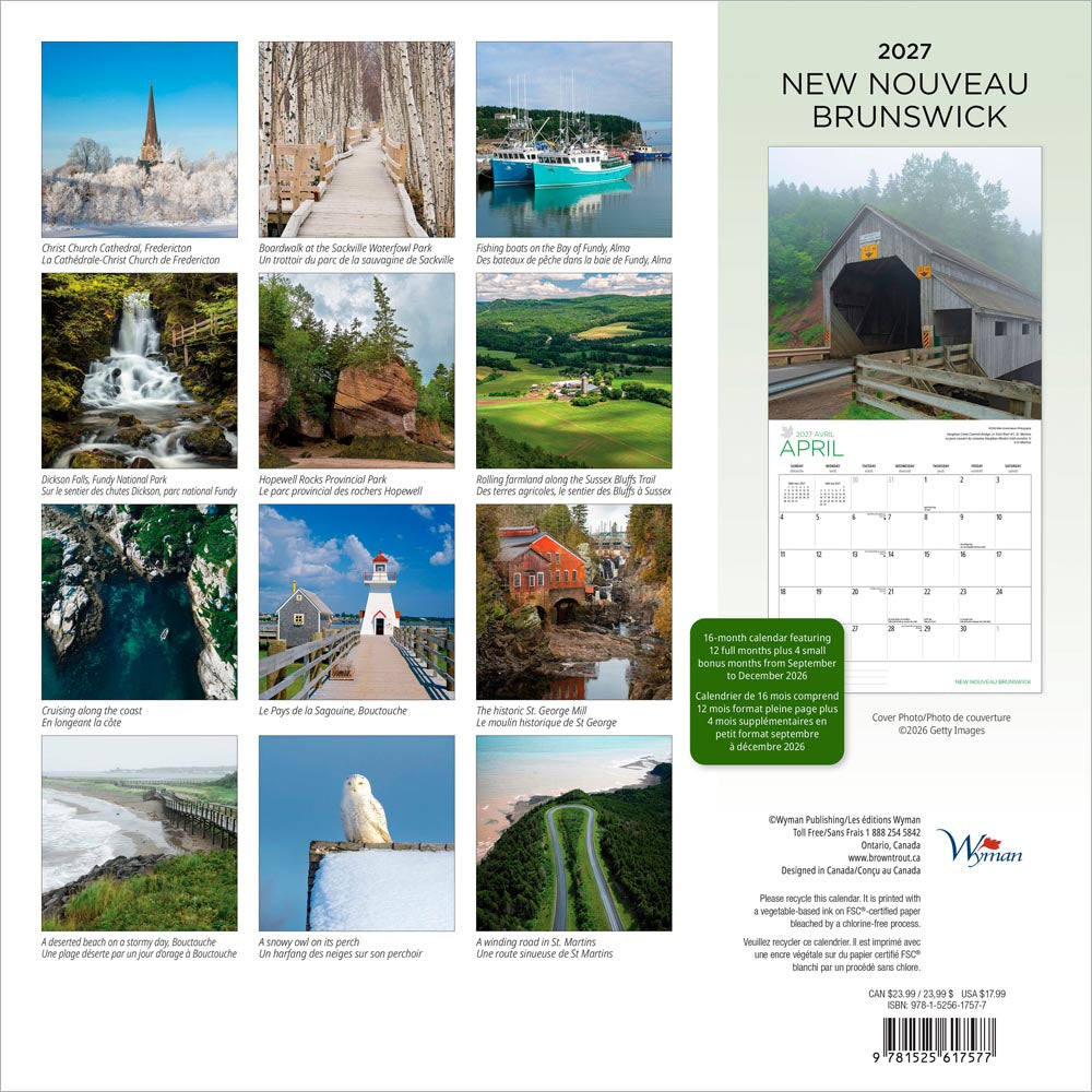New Brunswick | 2027 12 x 24 Inch (Hanging) Monthly Square Wall Calendar | English/French Bilingual