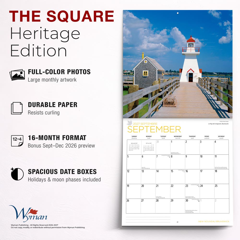 New Brunswick | 2027 12 x 24 Inch (Hanging) Monthly Square Wall Calendar | English/French Bilingual