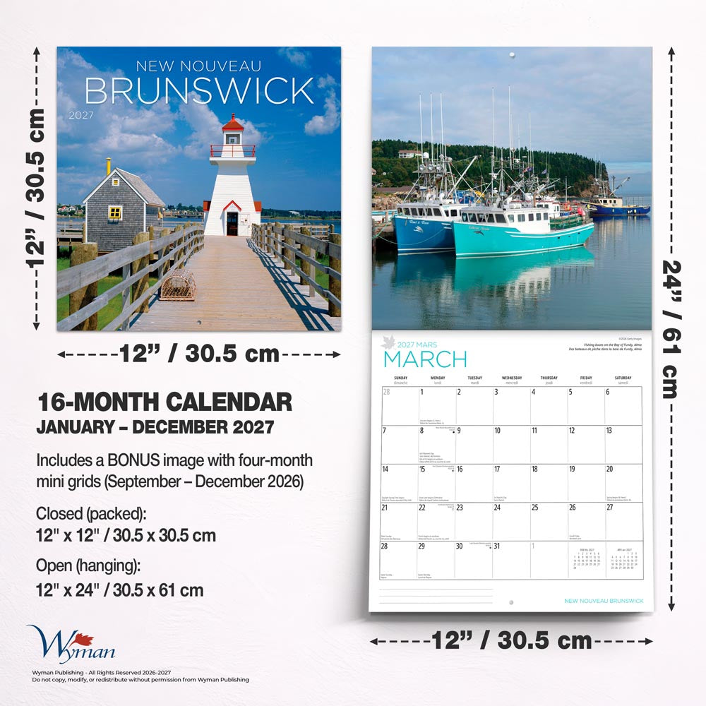 New Brunswick | 2027 12 x 24 Inch (Hanging) Monthly Square Wall Calendar | English/French Bilingual