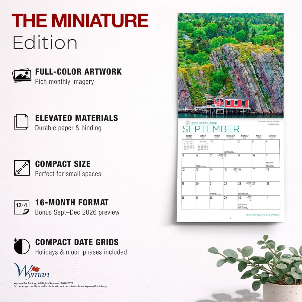 Newfoundland & Labrador | 2027 7 x 14 Inch (Hanging) Monthly Mini Wall Calendar