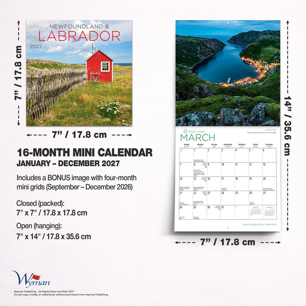 Newfoundland & Labrador | 2027 7 x 14 Inch (Hanging) Monthly Mini Wall Calendar