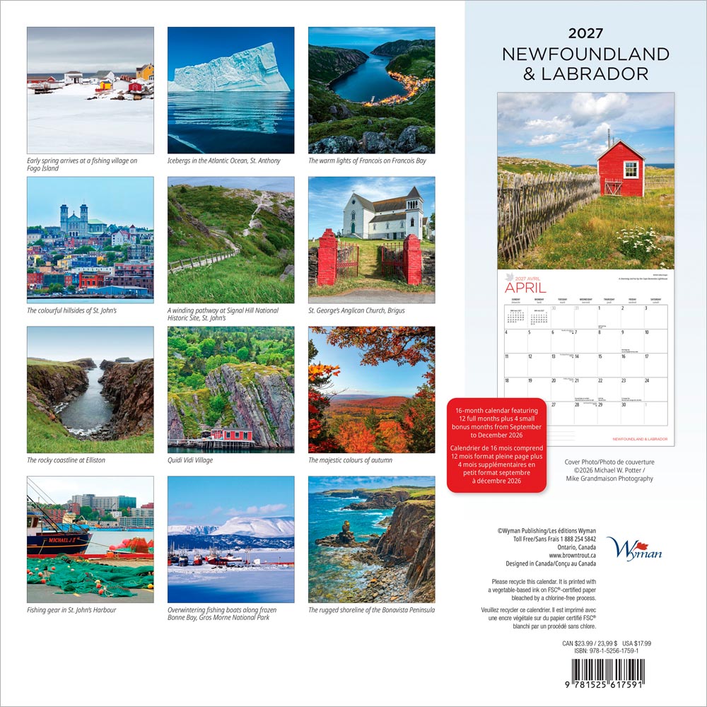 Newfoundland & Labrador | 2027 12 x 24 Inch (Hanging) Monthly Square Wall Calendar
