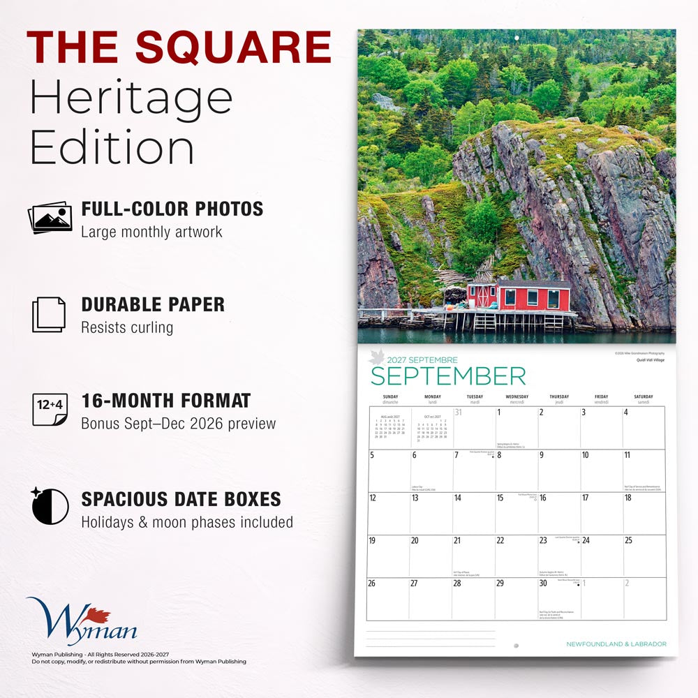Newfoundland & Labrador | 2027 12 x 24 Inch (Hanging) Monthly Square Wall Calendar