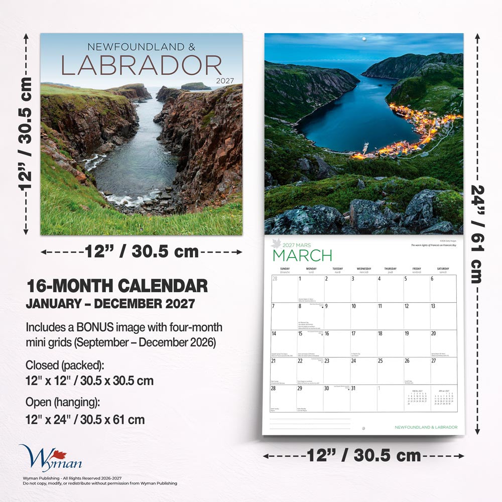 Newfoundland & Labrador | 2027 12 x 24 Inch (Hanging) Monthly Square Wall Calendar