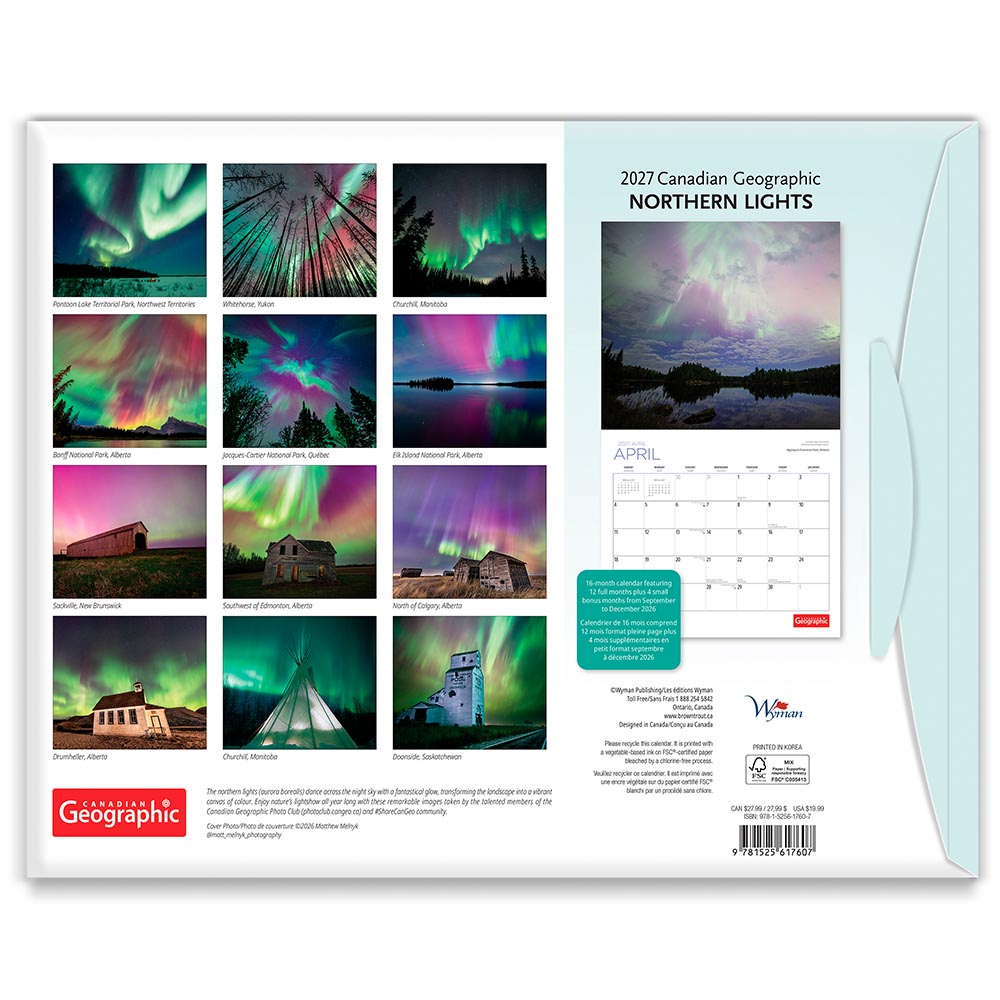 Canadian Geographic Northern Lights OFFICIAL | 2027 14 x 24 Inch (Hanging) Monthly Deluxe Wall Calendar | Foil Stamped Cover and Gift Envelope