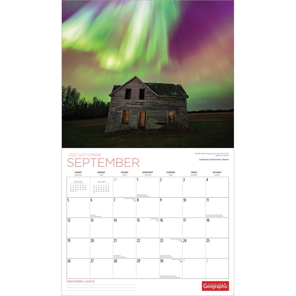 Canadian Geographic Northern Lights OFFICIAL | 2027 14 x 24 Inch (Hanging) Monthly Deluxe Wall Calendar | Foil Stamped Cover and Gift Envelope