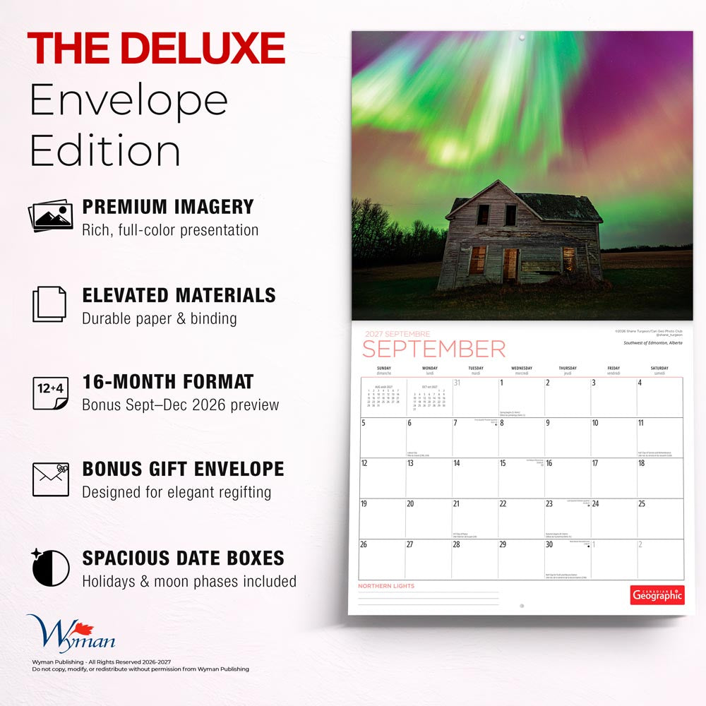 Canadian Geographic Northern Lights OFFICIAL | 2027 14 x 24 Inch (Hanging) Monthly Deluxe Wall Calendar | Foil Stamped Cover and Gift Envelope