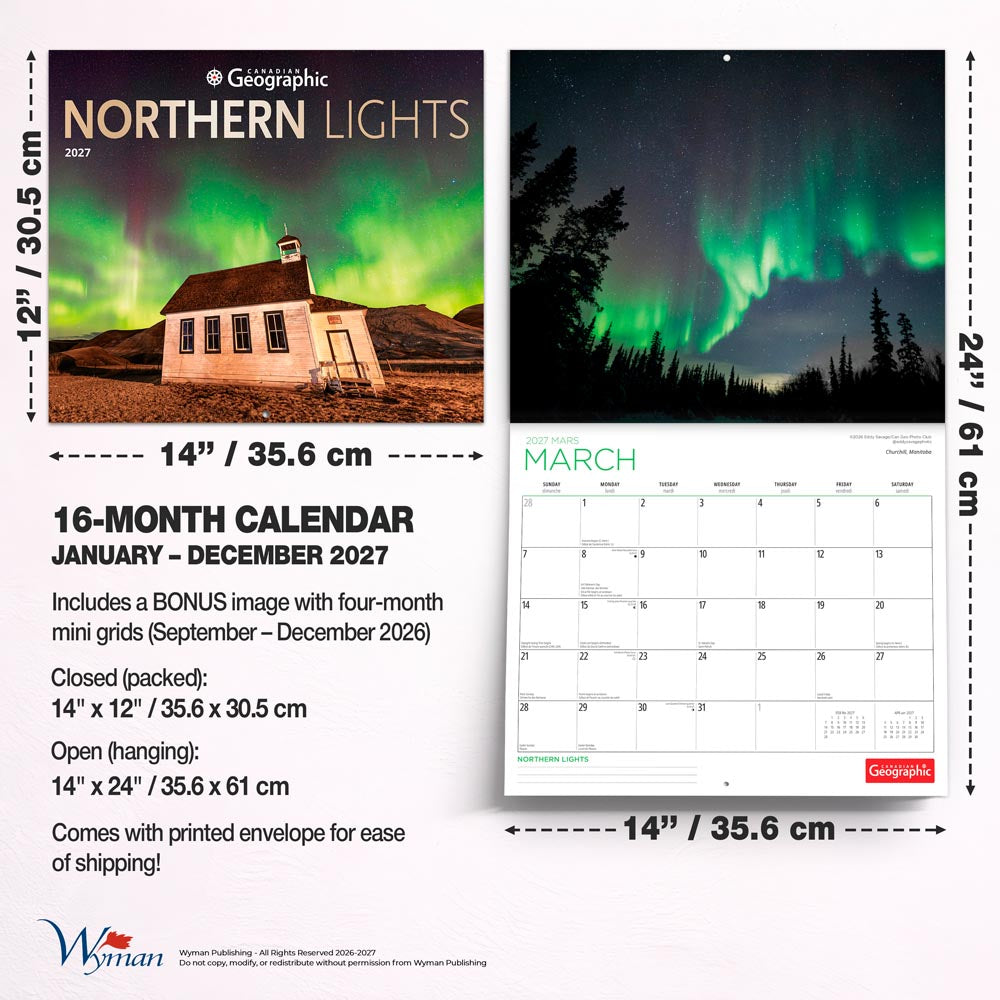 Canadian Geographic Northern Lights OFFICIAL | 2027 14 x 24 Inch (Hanging) Monthly Deluxe Wall Calendar | Foil Stamped Cover and Gift Envelope