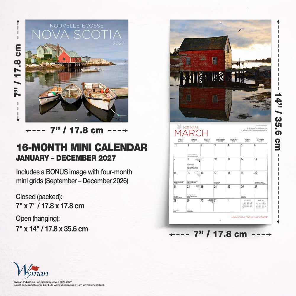 Nova Scotia | 2027 7 x 14 Inch (Hanging) Monthly Mini Wall Calendar | English/French Bilingual