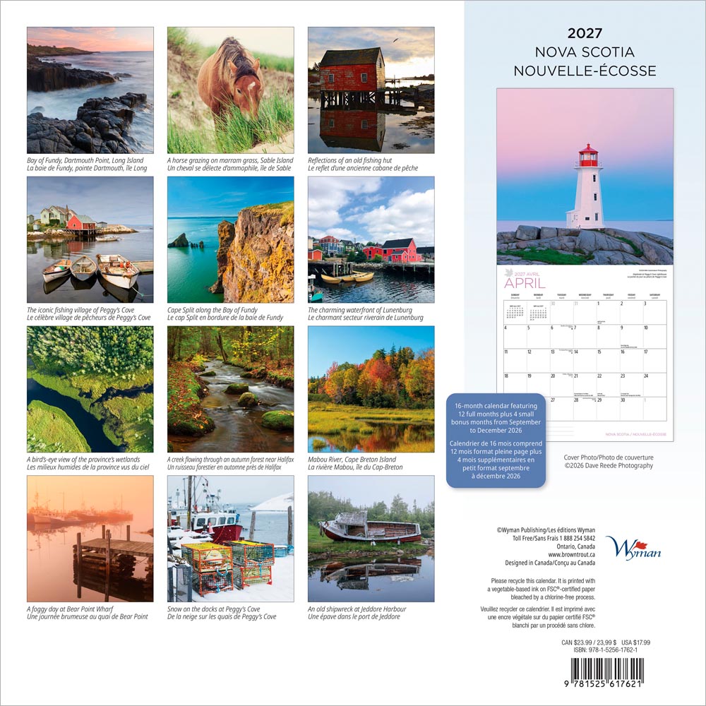 Nova Scotia | 2027 12 x 24 Inch (Hanging) Monthly Square Wall Calendar | English/French Bilingual