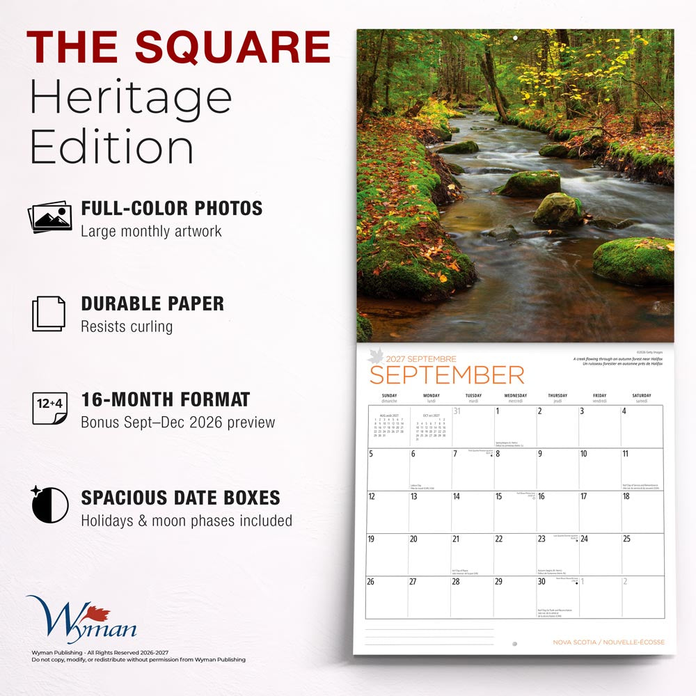 Nova Scotia | 2027 12 x 24 Inch (Hanging) Monthly Square Wall Calendar | English/French Bilingual