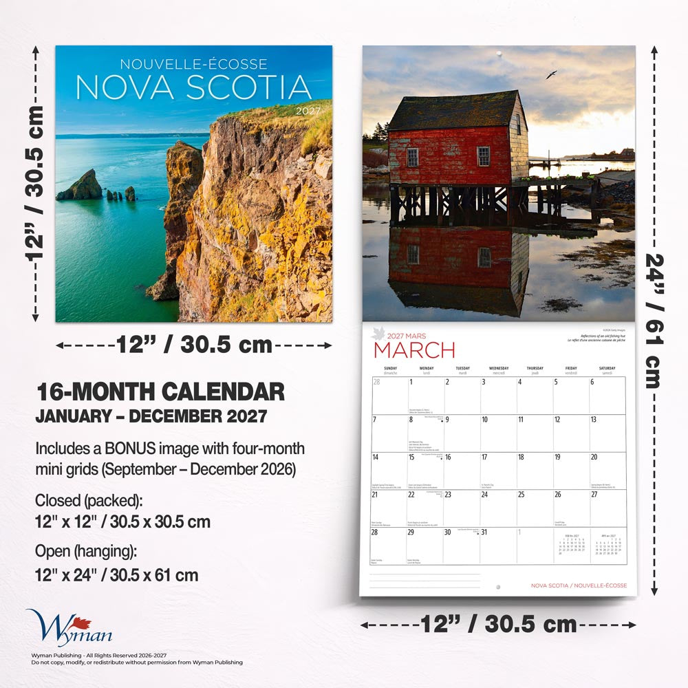 Nova Scotia | 2027 12 x 24 Inch (Hanging) Monthly Square Wall Calendar | English/French Bilingual