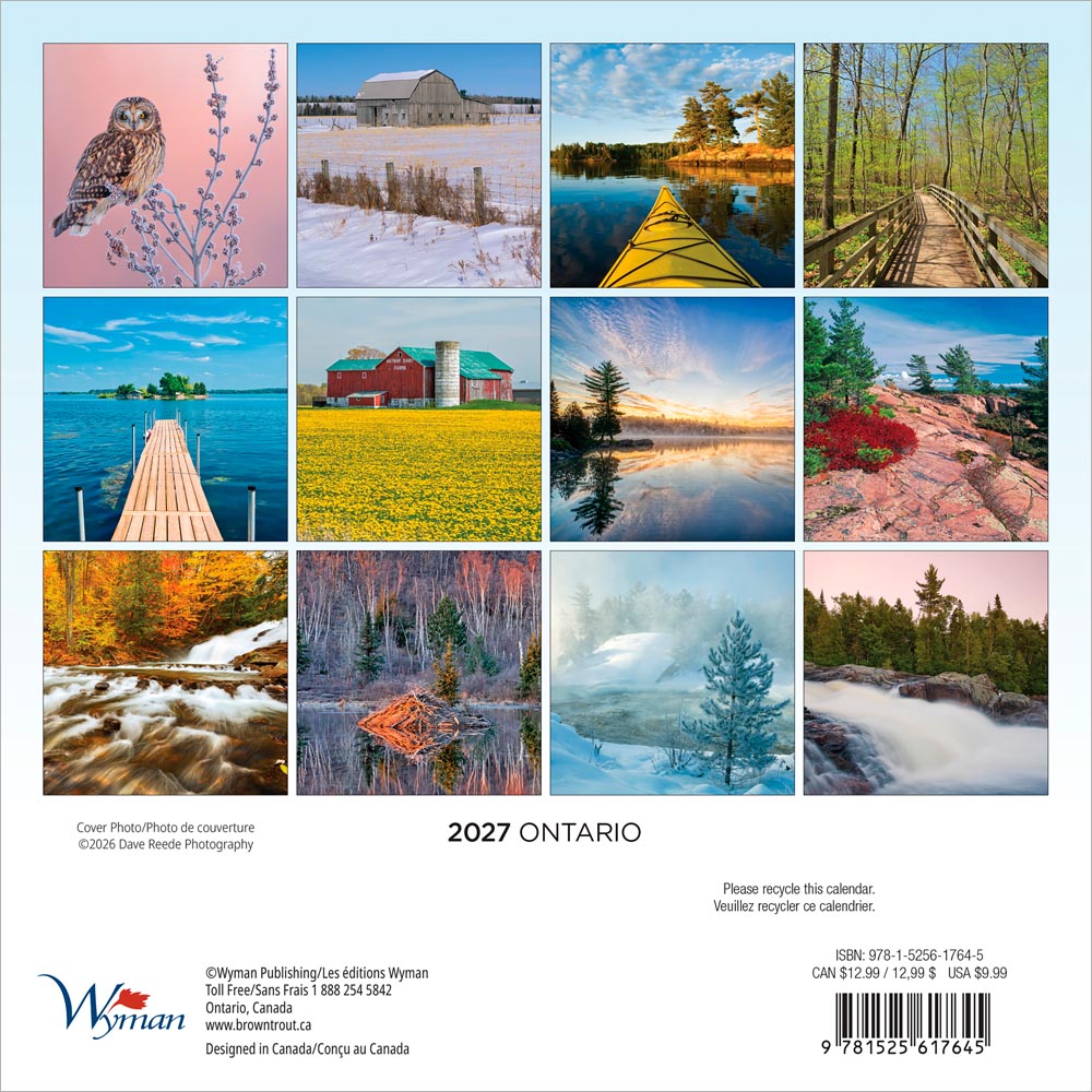 Ontario | 2027 7 x 14 Inch (Hanging) Monthly Mini Wall Calendar | English/French Bilingual