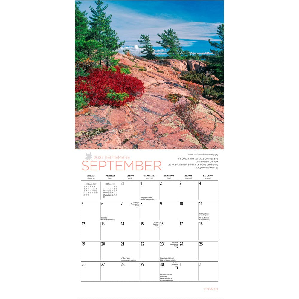 Ontario | 2027 7 x 14 Inch (Hanging) Monthly Mini Wall Calendar | English/French Bilingual
