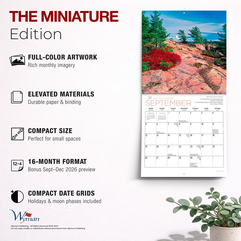 Ontario | 2027 7 x 14 Inch (Hanging) Monthly Mini Wall Calendar | English/French Bilingual