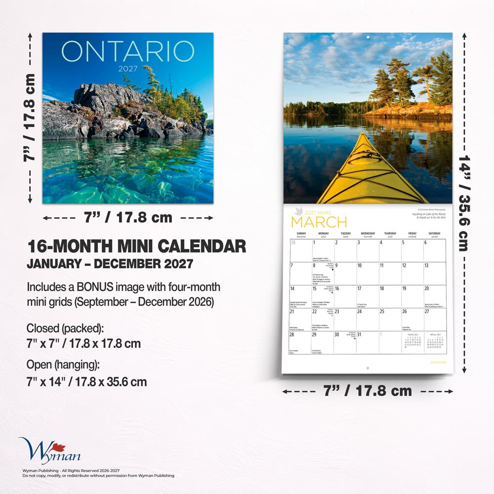 Ontario | 2027 7 x 14 Inch (Hanging) Monthly Mini Wall Calendar | English/French Bilingual