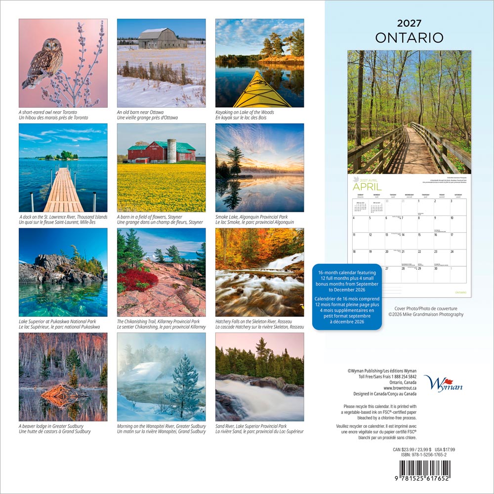 Ontario | 2027 12 x 24 Inch (Hanging) Monthly Square Wall Calendar | English/French Bilingual