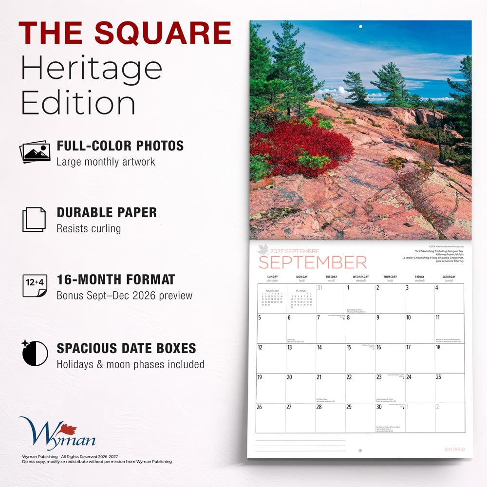 Ontario | 2027 12 x 24 Inch (Hanging) Monthly Square Wall Calendar | English/French Bilingual