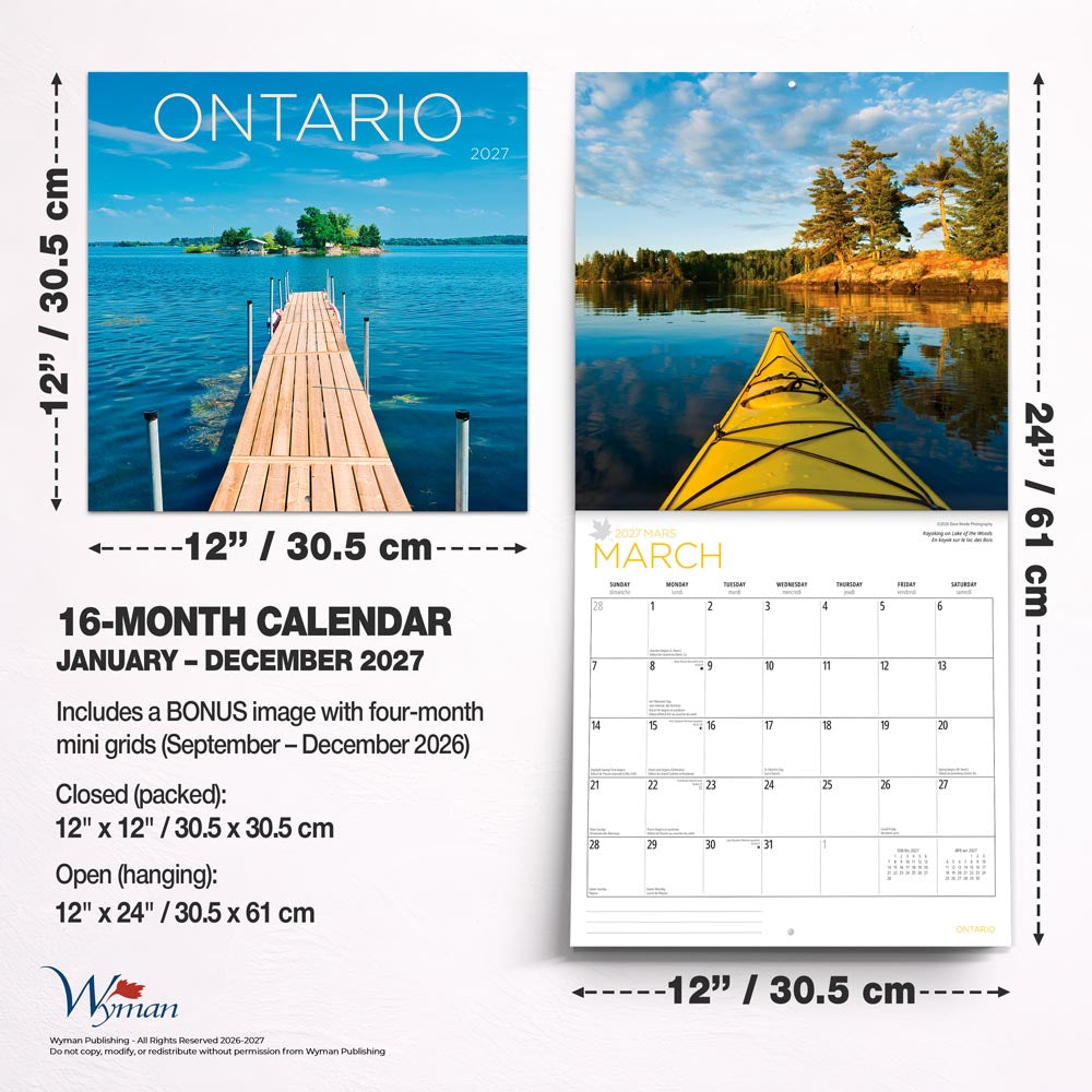 Ontario | 2027 12 x 24 Inch (Hanging) Monthly Square Wall Calendar | English/French Bilingual
