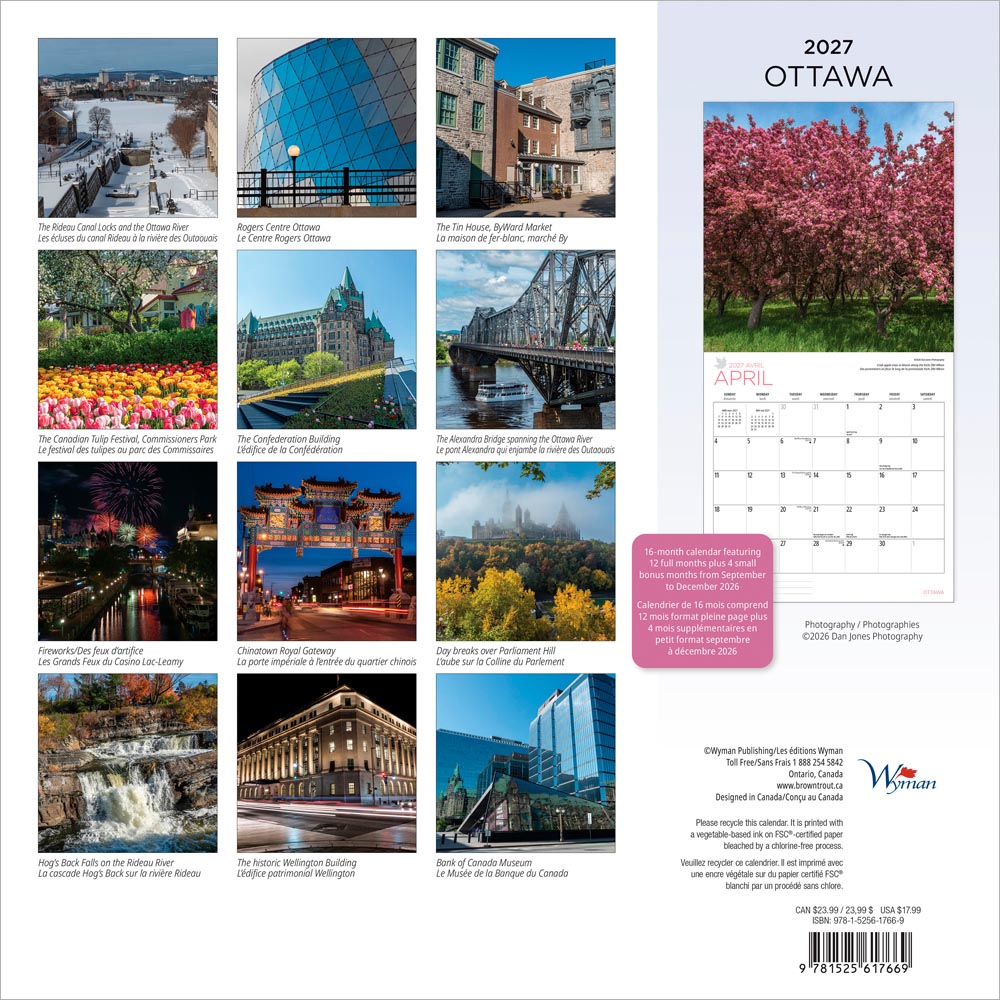 Ottawa | 2027 12 x 24 Inch (Hanging) Monthly Square Wall Calendar | English/French Bilingual