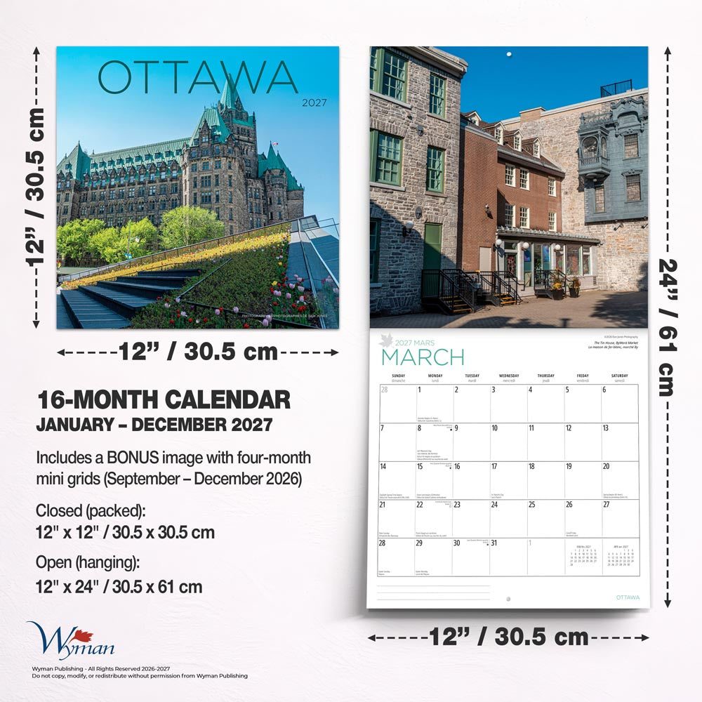Ottawa | 2027 12 x 24 Inch (Hanging) Monthly Square Wall Calendar | English/French Bilingual