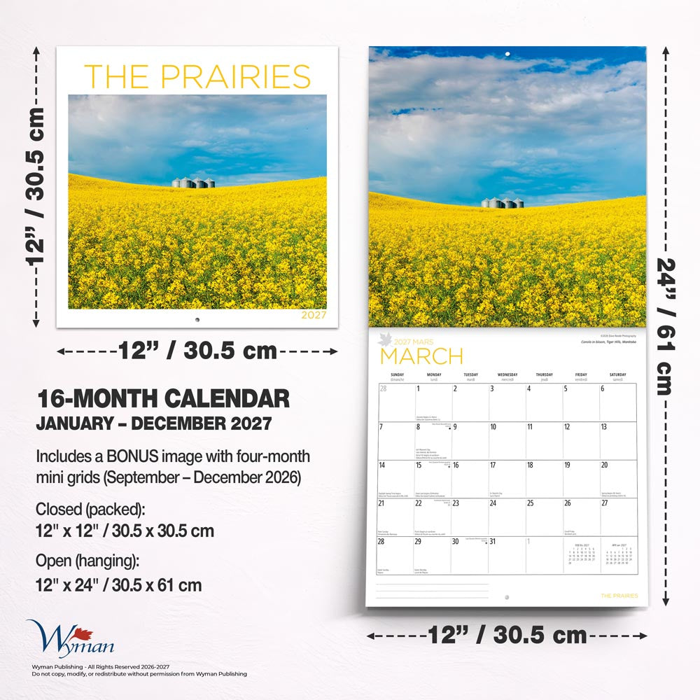 The Prairies  | 2027 12 x 24 Inch (Hanging) Monthly Square Wall Calendar