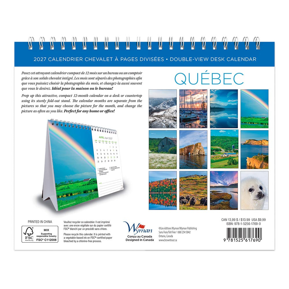 Quebec | 2027 7.5 x 6 Inch Monthly Double-View Easel Desk Calendar | English/French Bilingual