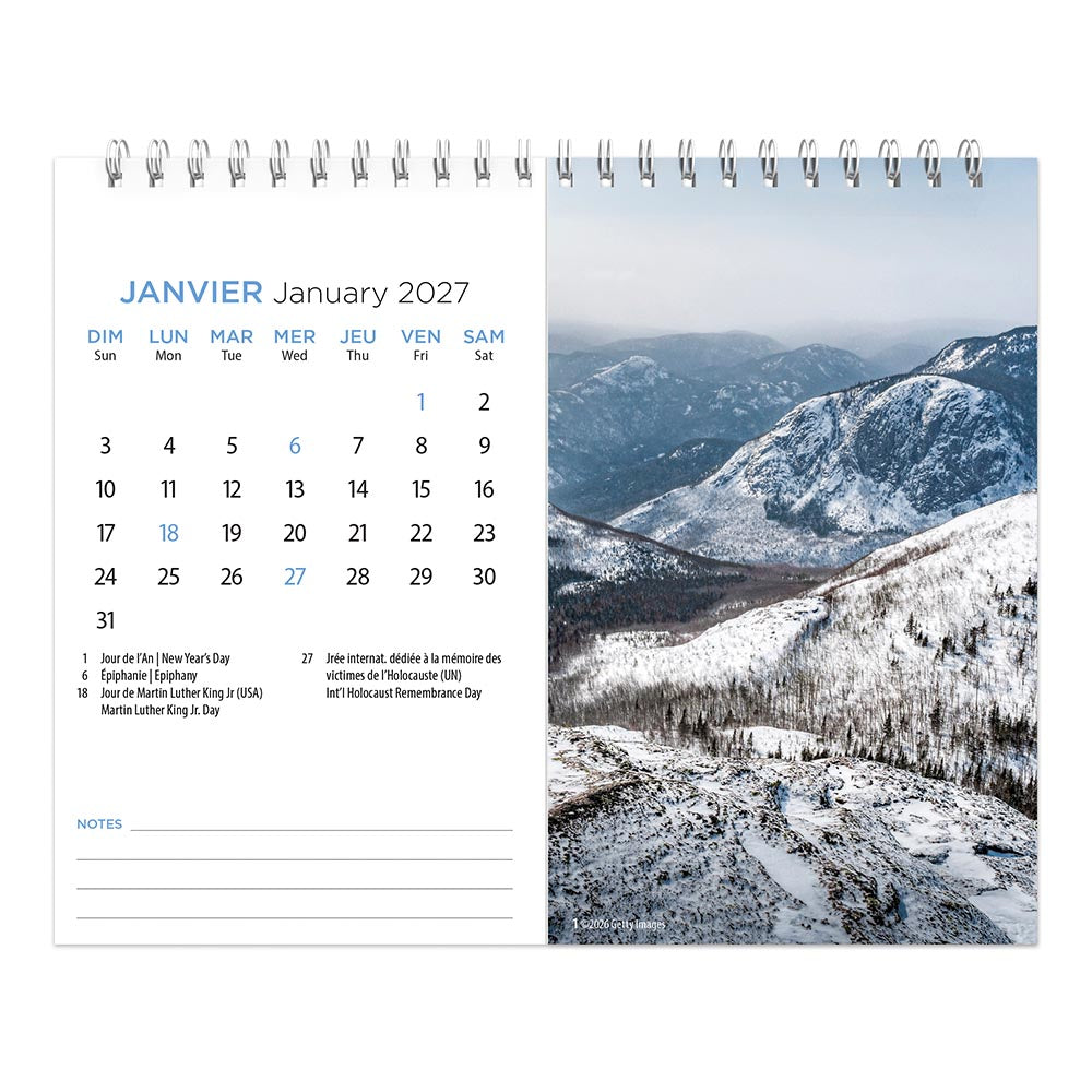 Quebec | 2027 7.5 x 6 Inch Monthly Double-View Easel Desk Calendar | English/French Bilingual