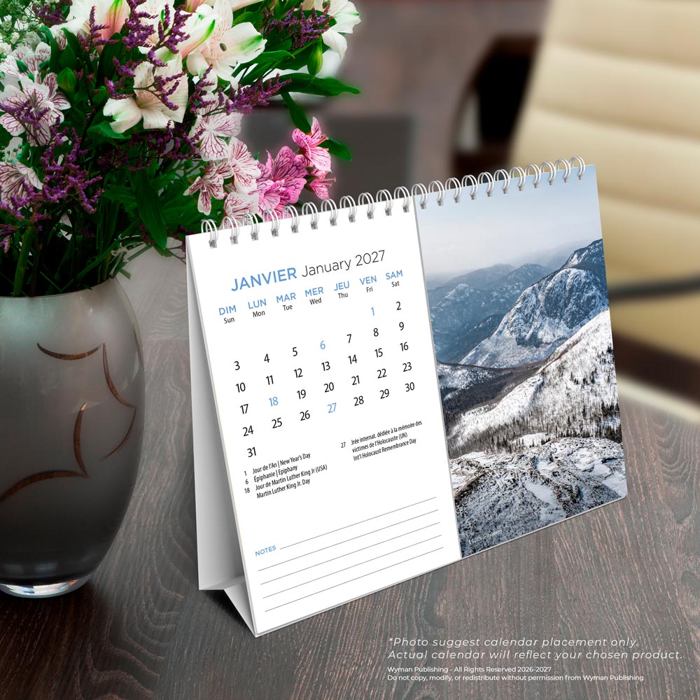 Quebec | 2027 7.5 x 6 Inch Monthly Double-View Easel Desk Calendar | English/French Bilingual