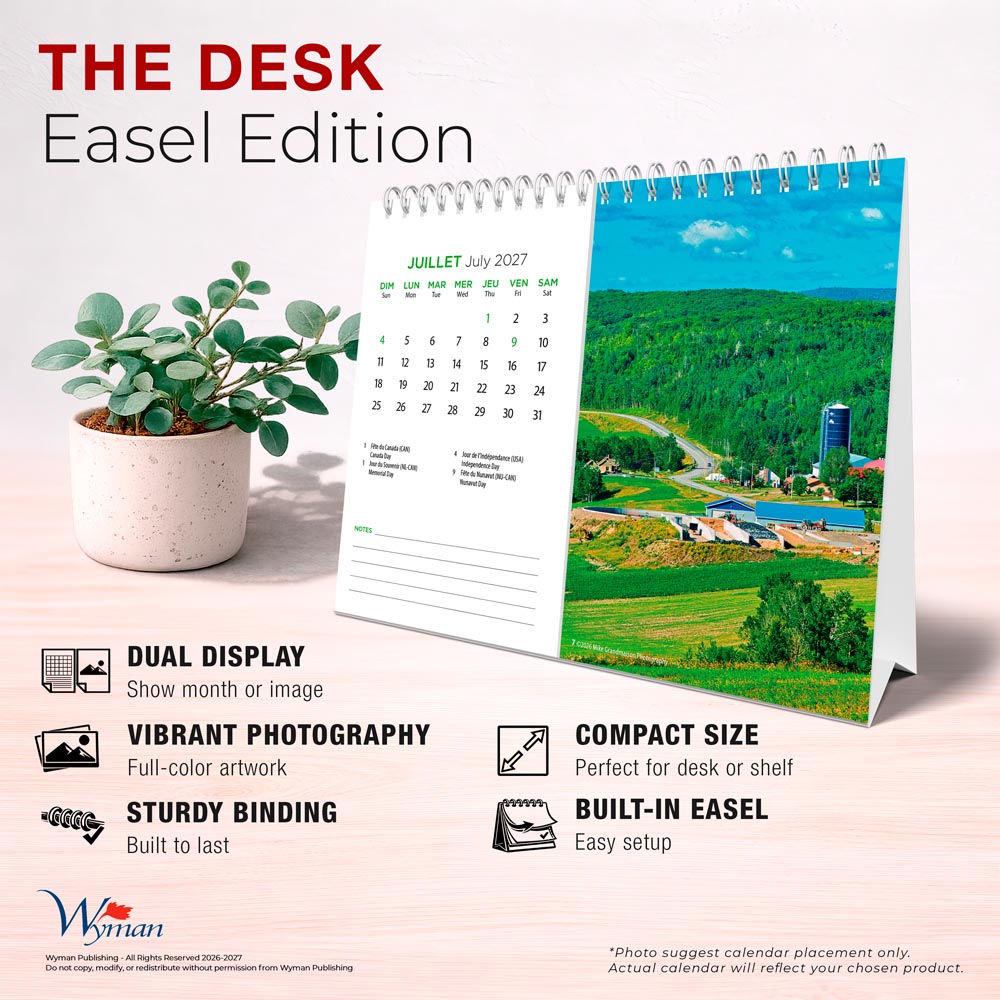 Quebec | 2027 7.5 x 6 Inch Monthly Double-View Easel Desk Calendar | English/French Bilingual