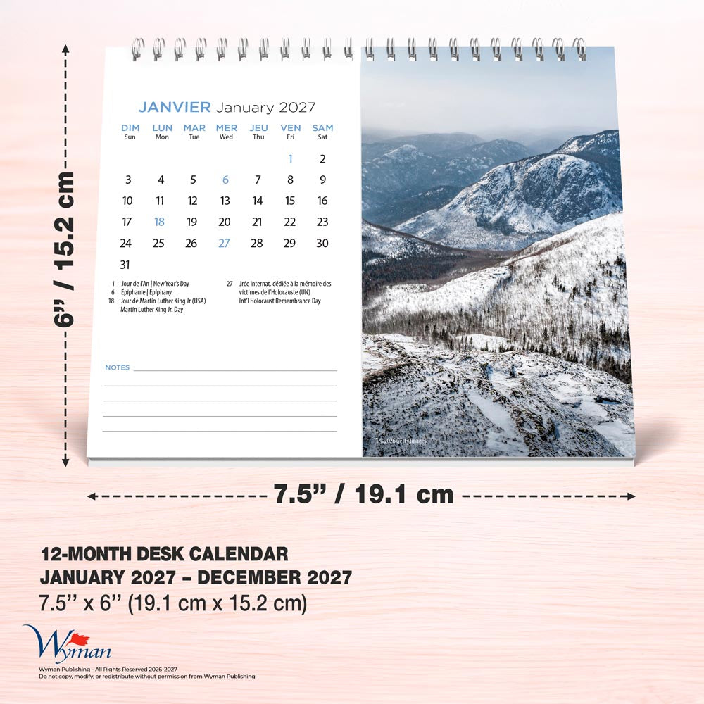 Quebec | 2027 7.5 x 6 Inch Monthly Double-View Easel Desk Calendar | English/French Bilingual