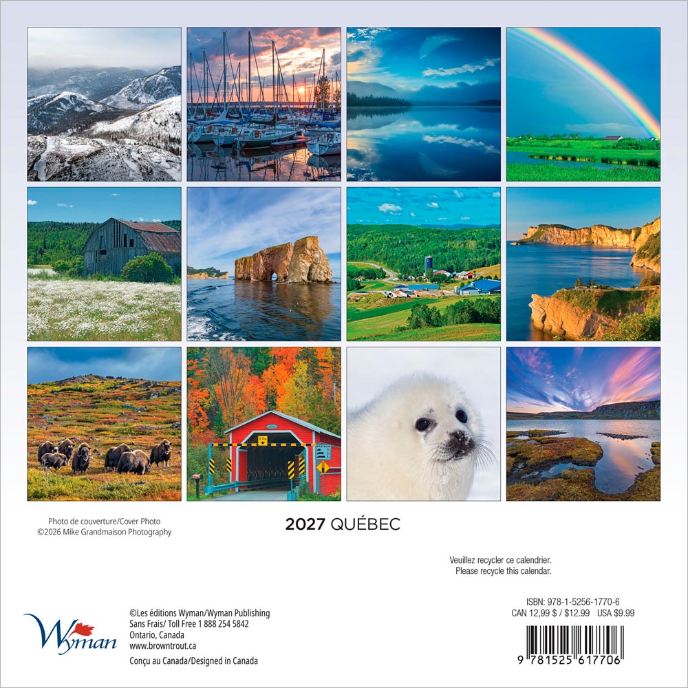 Quebec | 2027 7 x 14 Inch (Hanging) Monthly Mini Wall Calendar | English/French Bilingual
