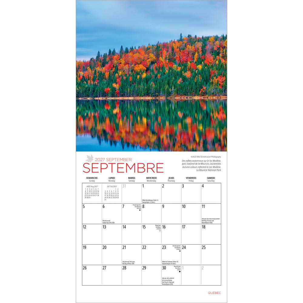 Quebec | 2027 7 x 14 Inch (Hanging) Monthly Mini Wall Calendar | English/French Bilingual
