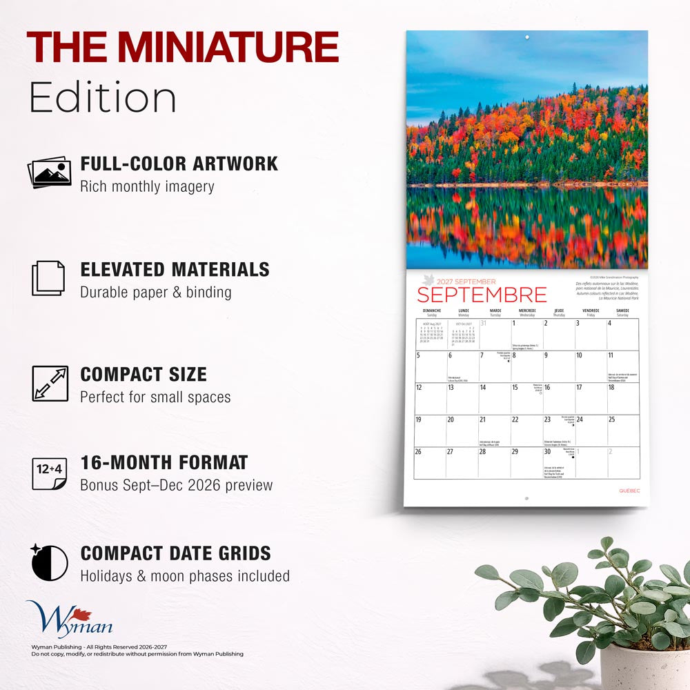 Quebec | 2027 7 x 14 Inch (Hanging) Monthly Mini Wall Calendar | English/French Bilingual