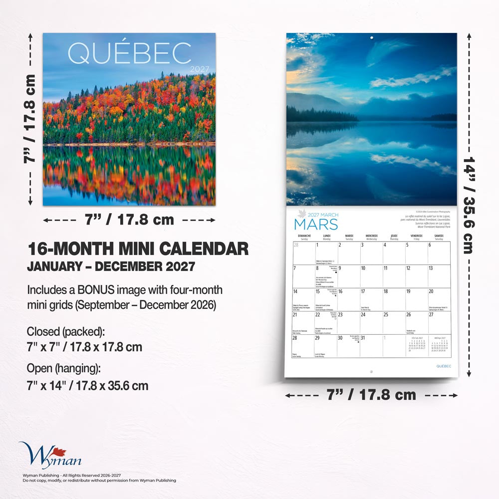 Quebec | 2027 7 x 14 Inch (Hanging) Monthly Mini Wall Calendar | English/French Bilingual