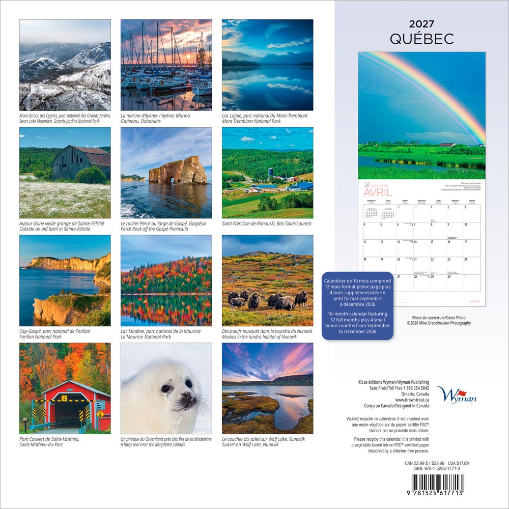 Quebec | 2027 12 x 24 Inch (Hanging) Monthly Square Wall Calendar | English/French Bilingual