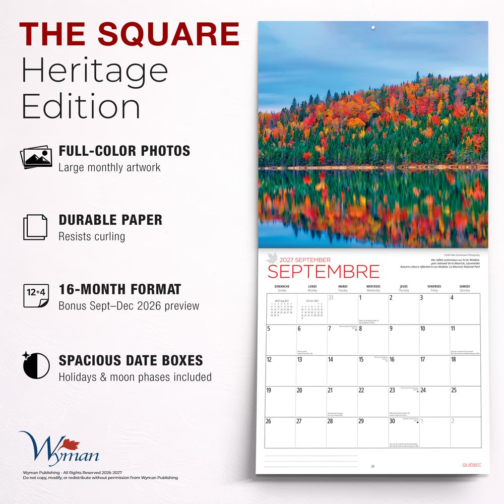 Quebec | 2027 12 x 24 Inch (Hanging) Monthly Square Wall Calendar | English/French Bilingual
