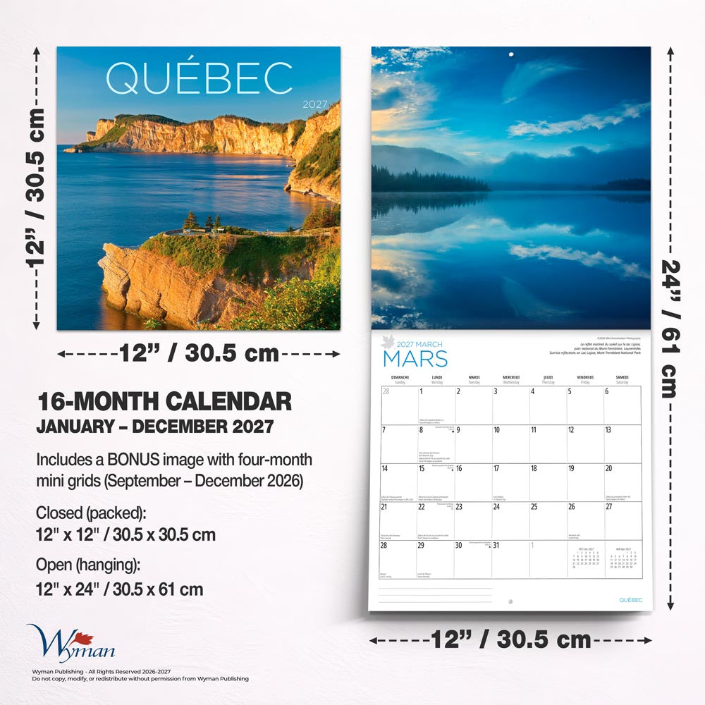 Quebec | 2027 12 x 24 Inch (Hanging) Monthly Square Wall Calendar | English/French Bilingual