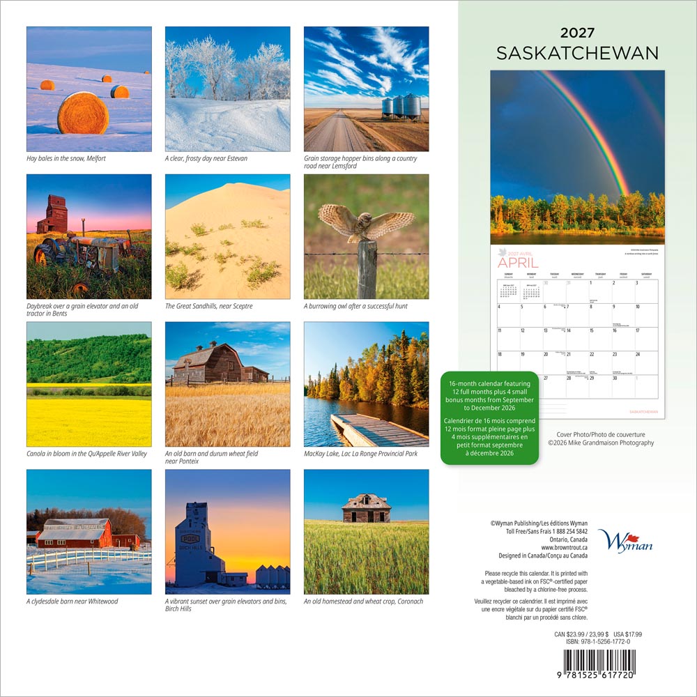 Saskatchewan | 2027 12 x 24 Inch (Hanging) Monthly Square Wall Calendar