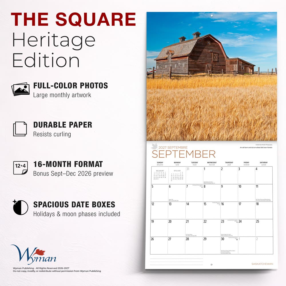 Saskatchewan | 2027 12 x 24 Inch (Hanging) Monthly Square Wall Calendar