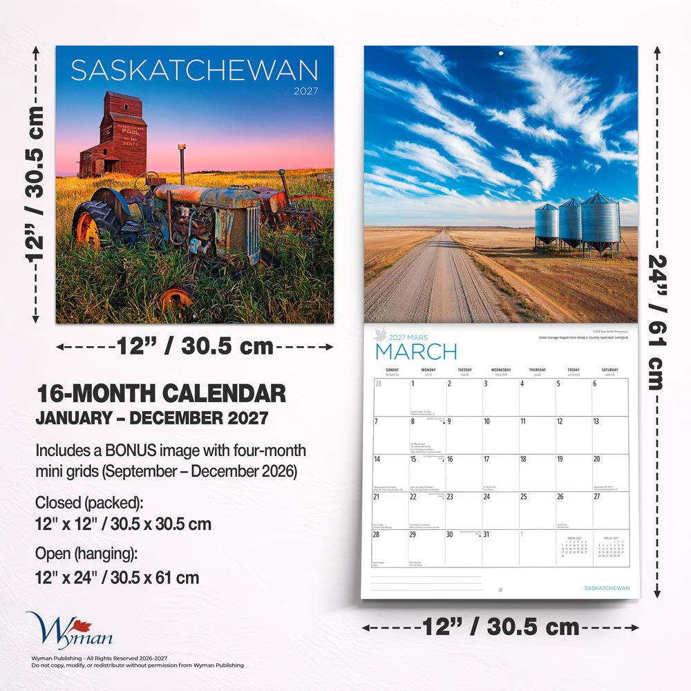 Saskatchewan | 2027 12 x 24 Inch (Hanging) Monthly Square Wall Calendar