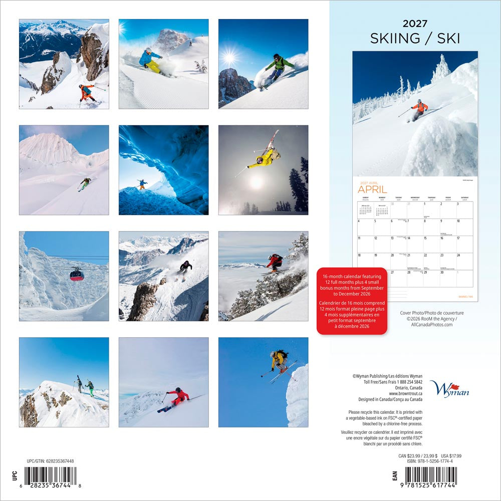 Skiing | 2027 12 x 24 Inch (Hanging) Monthly Square Wall Calendar | English/French Bilingual