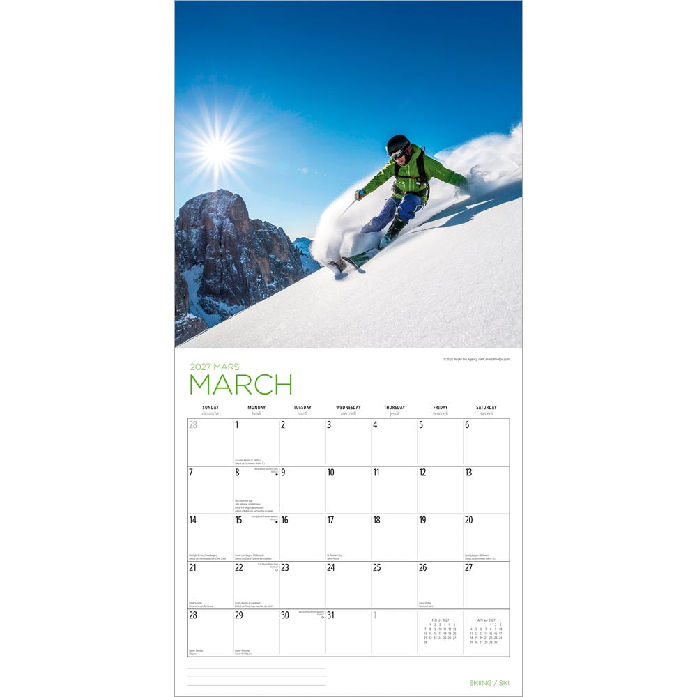 Skiing | 2027 12 x 24 Inch (Hanging) Monthly Square Wall Calendar | English/French Bilingual