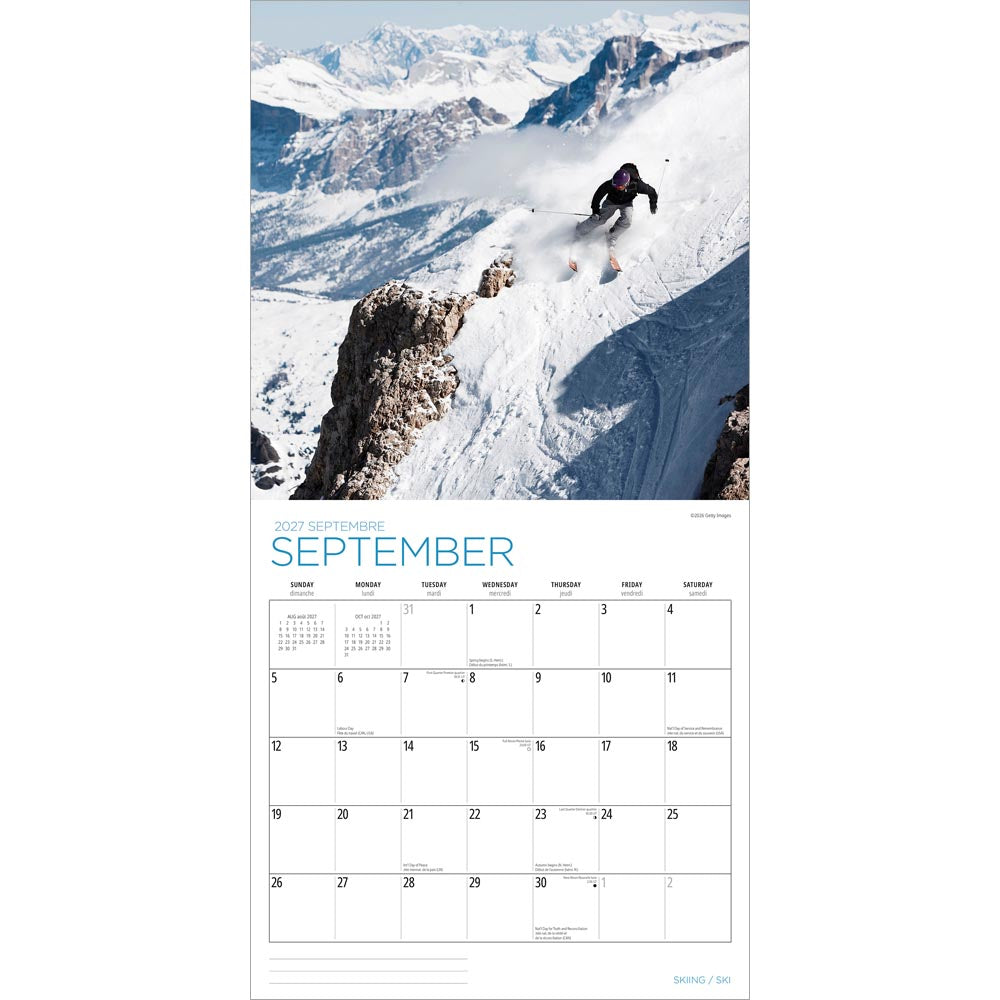 Skiing | 2027 12 x 24 Inch (Hanging) Monthly Square Wall Calendar | English/French Bilingual