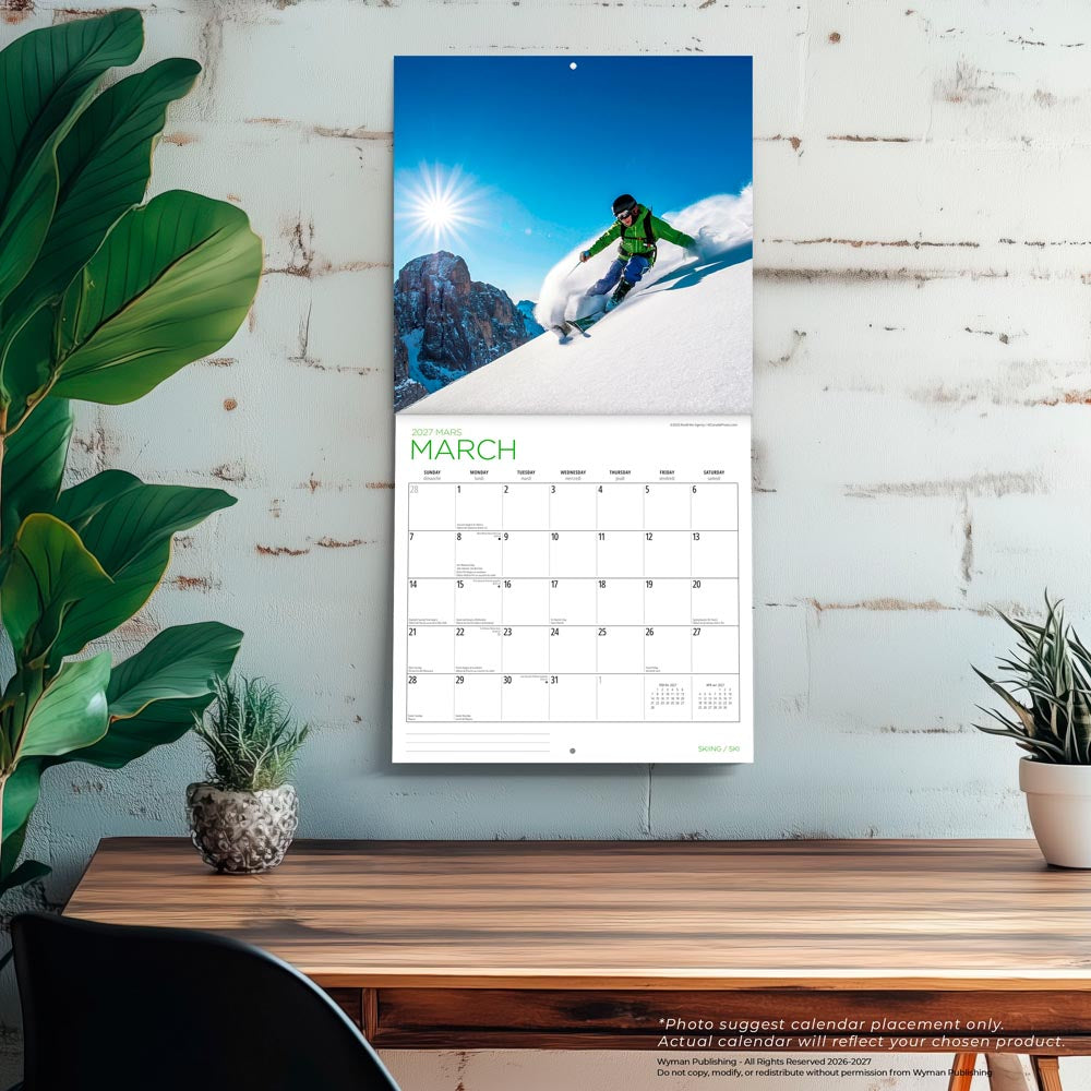 Skiing | 2027 12 x 24 Inch (Hanging) Monthly Square Wall Calendar | English/French Bilingual