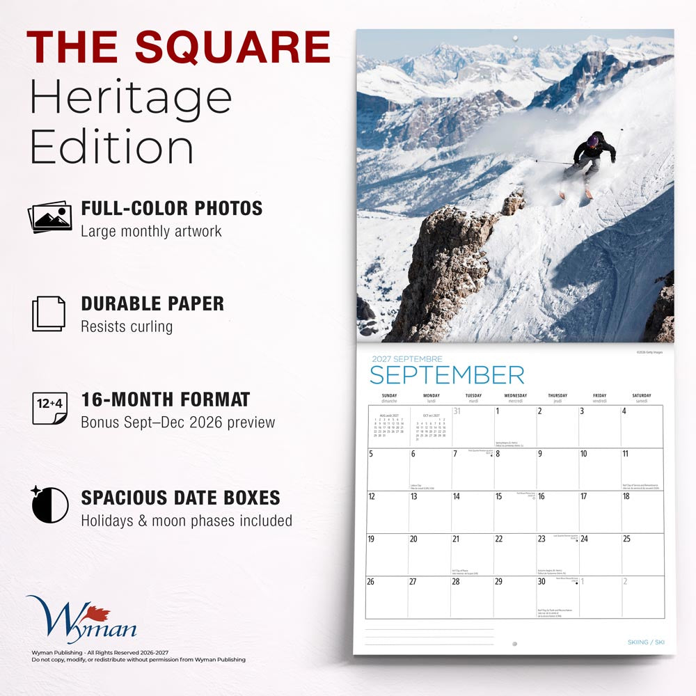 Skiing | 2027 12 x 24 Inch (Hanging) Monthly Square Wall Calendar | English/French Bilingual
