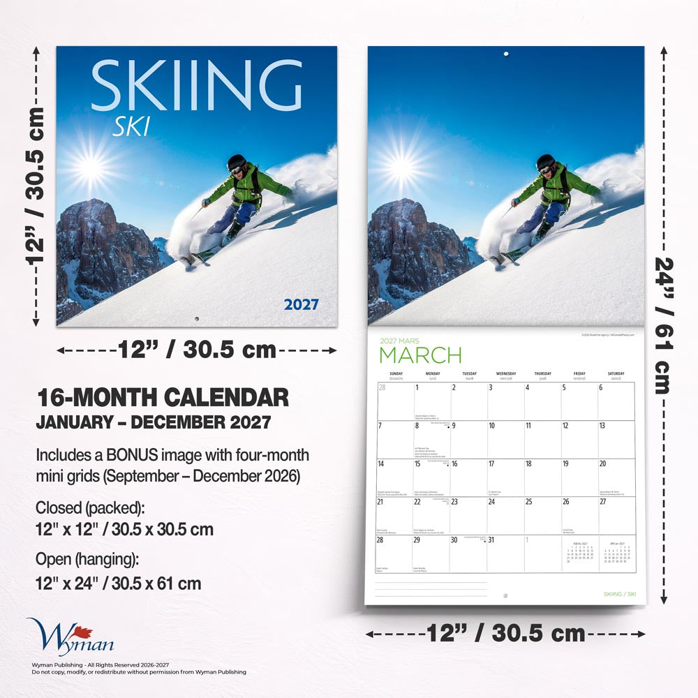 Skiing | 2027 12 x 24 Inch (Hanging) Monthly Square Wall Calendar | English/French Bilingual