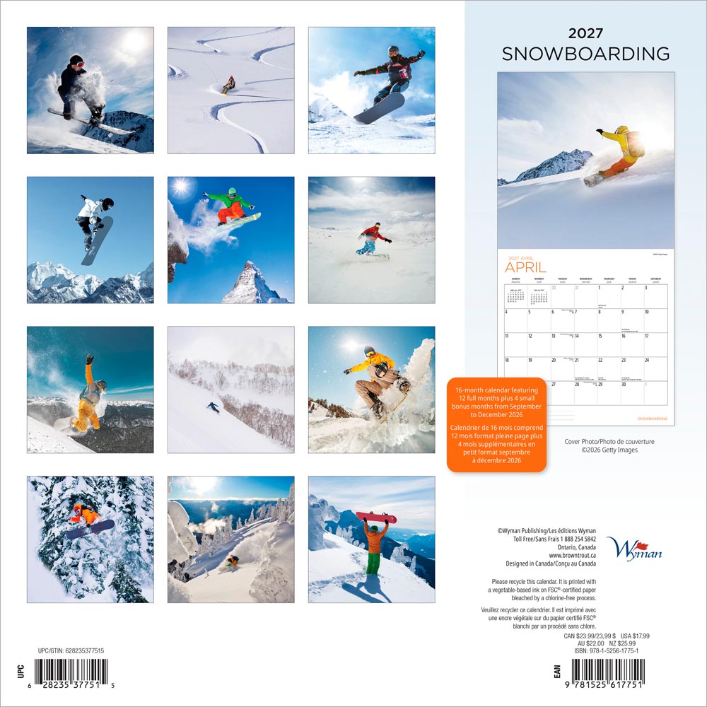 Snowboarding | 2027 12 x 24 Inch (Hanging) Monthly Square Wall Calendar