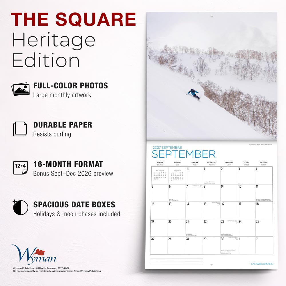 Snowboarding | 2027 12 x 24 Inch (Hanging) Monthly Square Wall Calendar