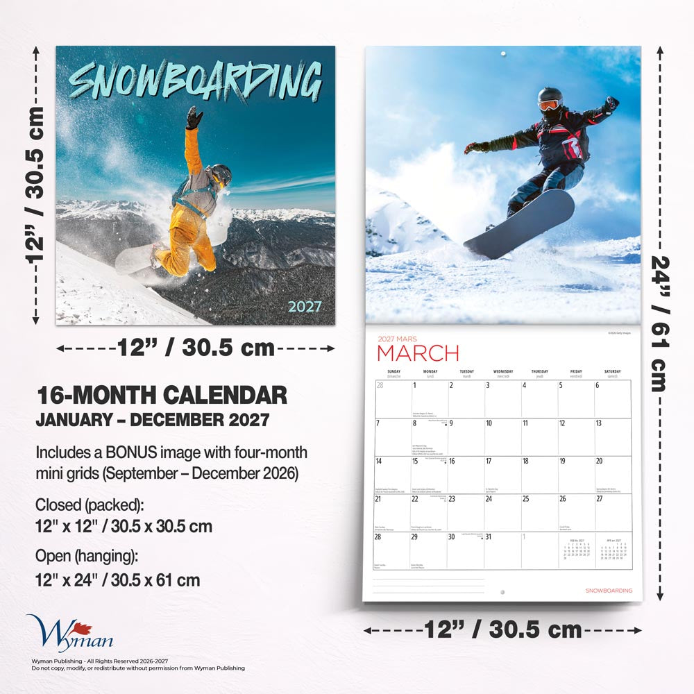 Snowboarding | 2027 12 x 24 Inch (Hanging) Monthly Square Wall Calendar